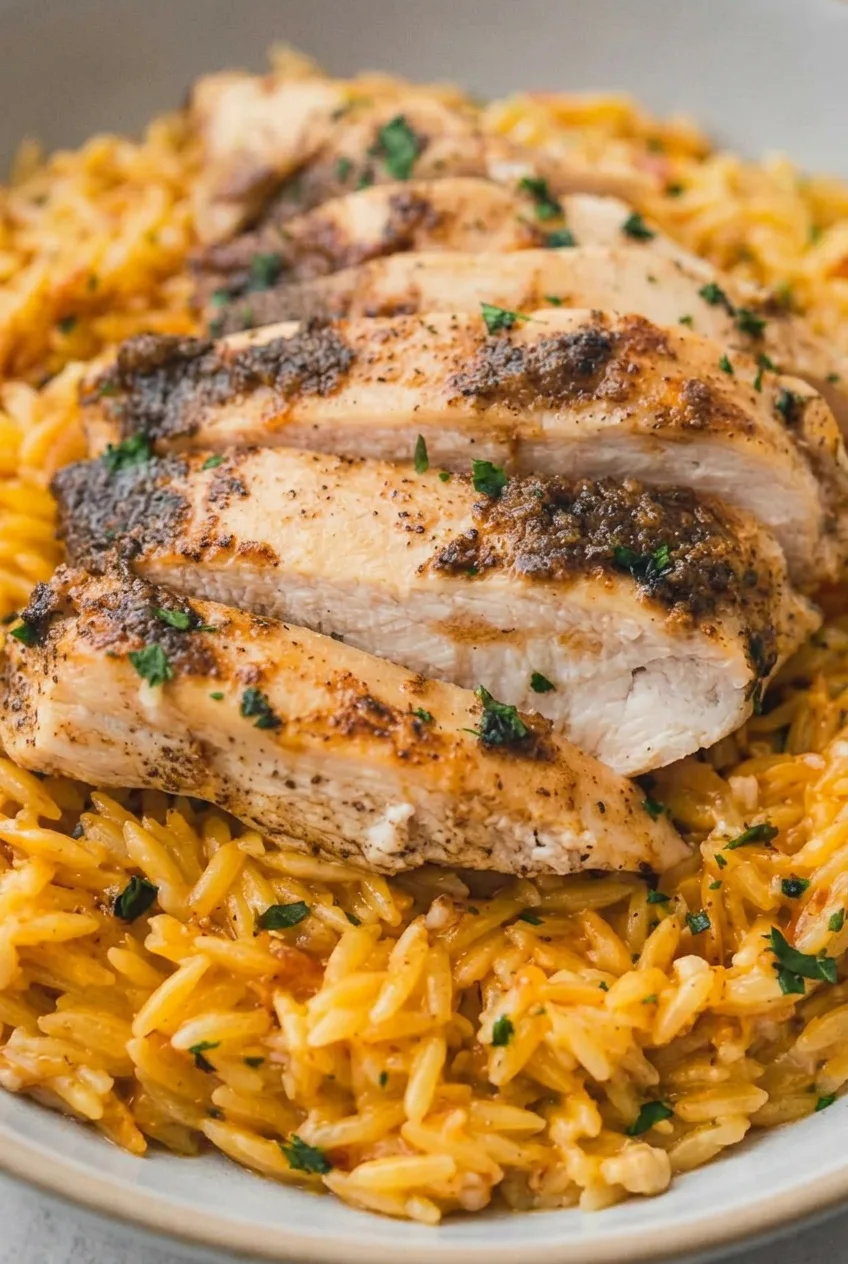 Close view of juicy sliced seared chicken over glossy Parmesan lemon orzo with parsley and black pepper.