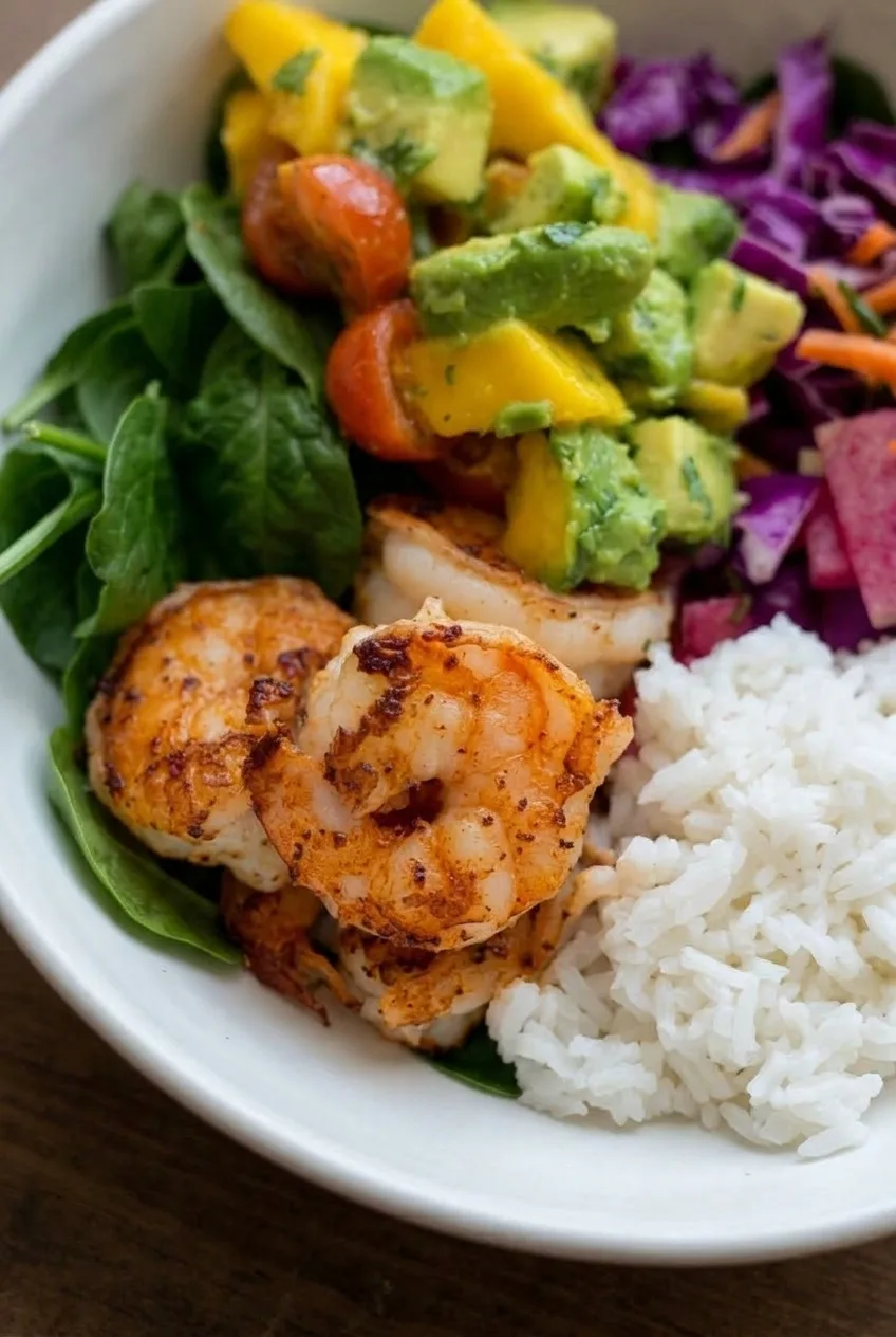 Close view of browned skillet shrimp, fluffy rice grains, and chunky avocado mango salsa in a composed bowl.