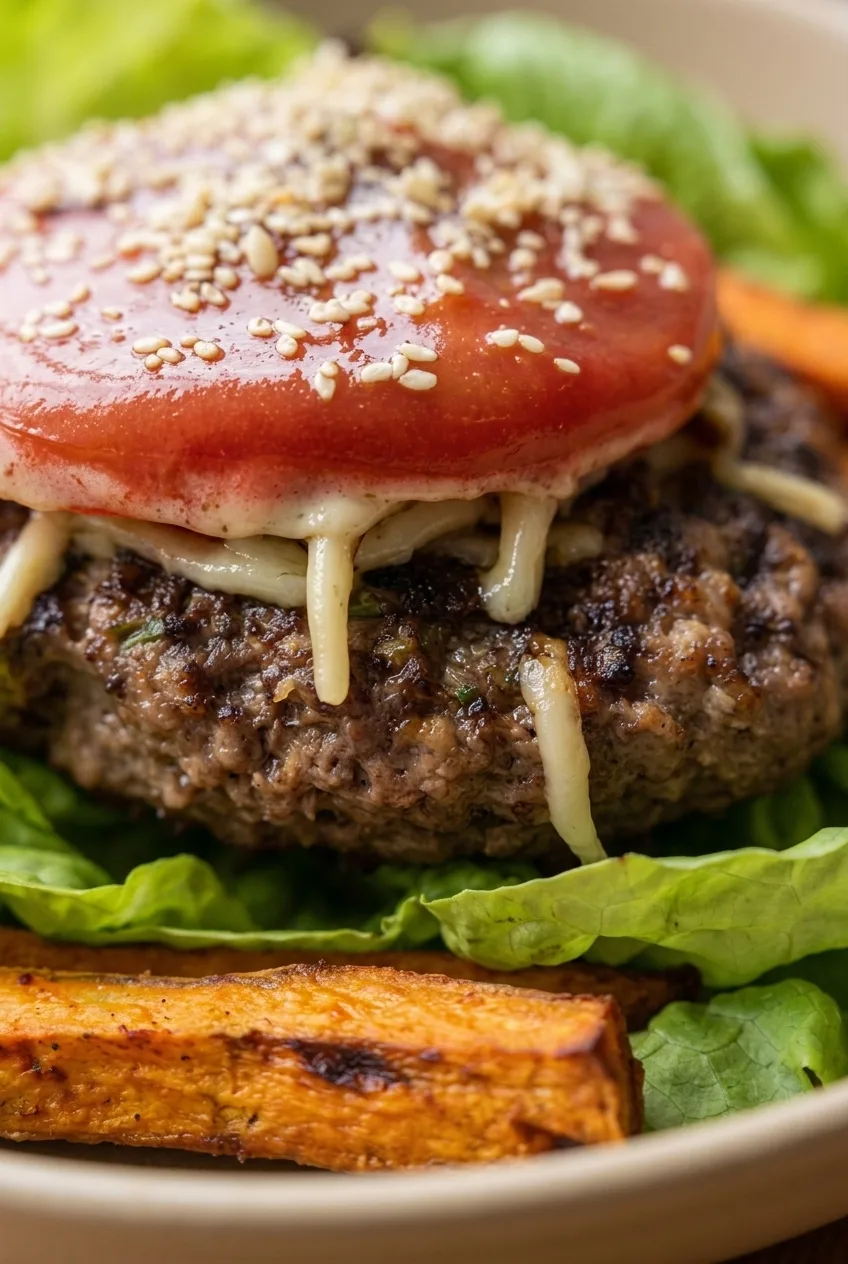 Close view of seared beef patty with melted cheddar, sesame-topped tomato, and browned sweet potato wedge.
