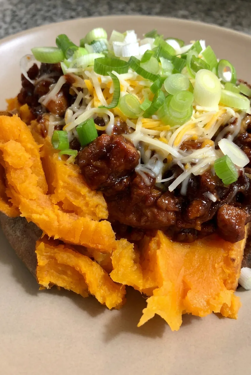Close view of fluffy orange sweet potato topped with glossy BBQ chicken, melted cheese, and scallions