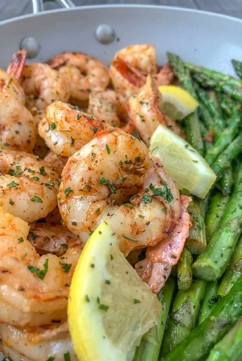 Close view of lightly seared shrimp beside whole asparagus, with parsley and lemon wedges