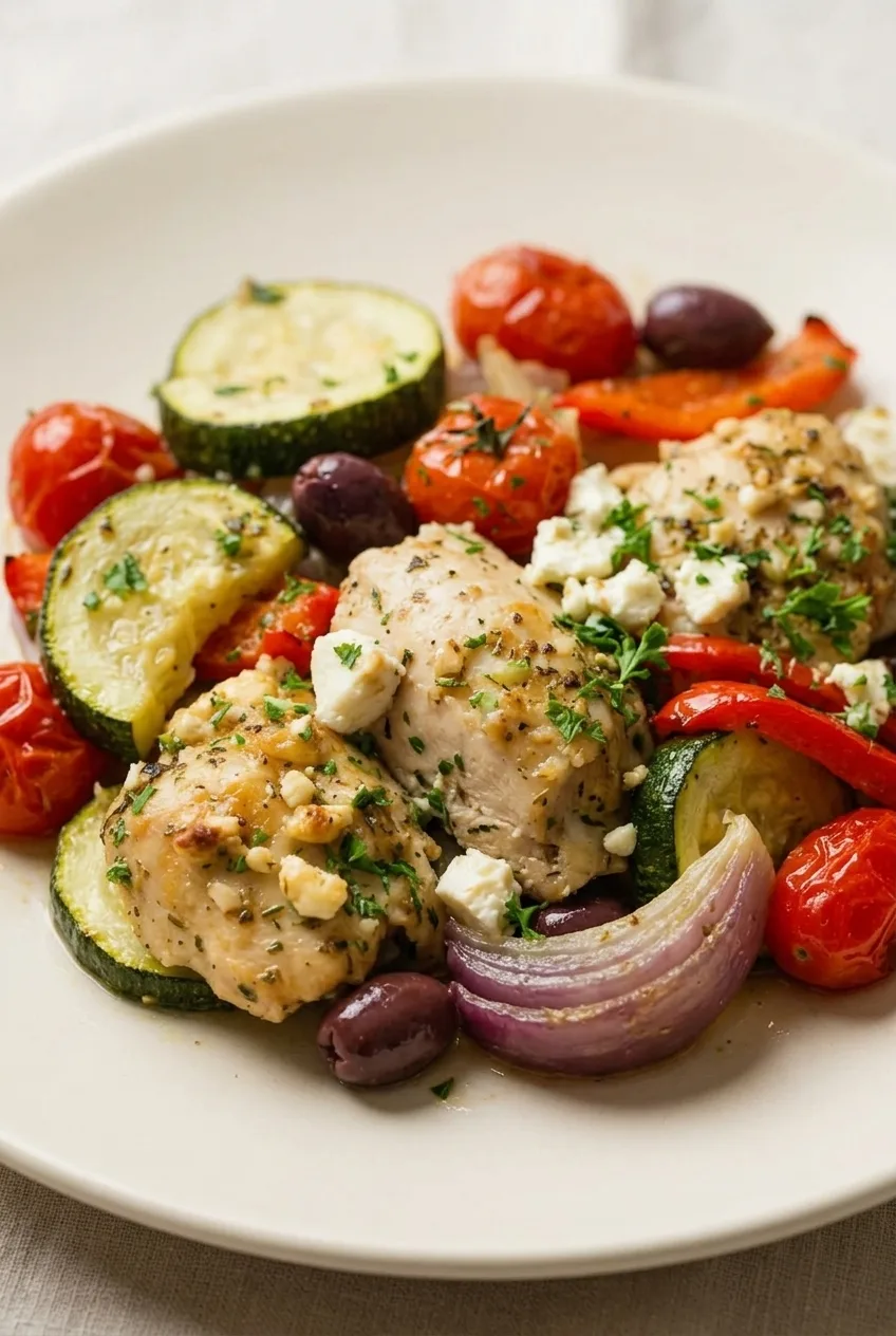 Close view of baked chicken, zucchini, olives, and distinct feta crumbles on a plate