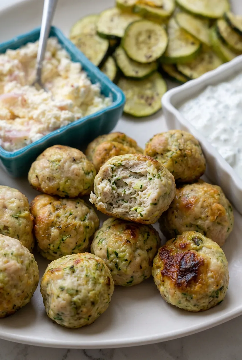 Cut-open chicken-zucchini meatball showing its tender, green-flecked interior beside roasted zucchini