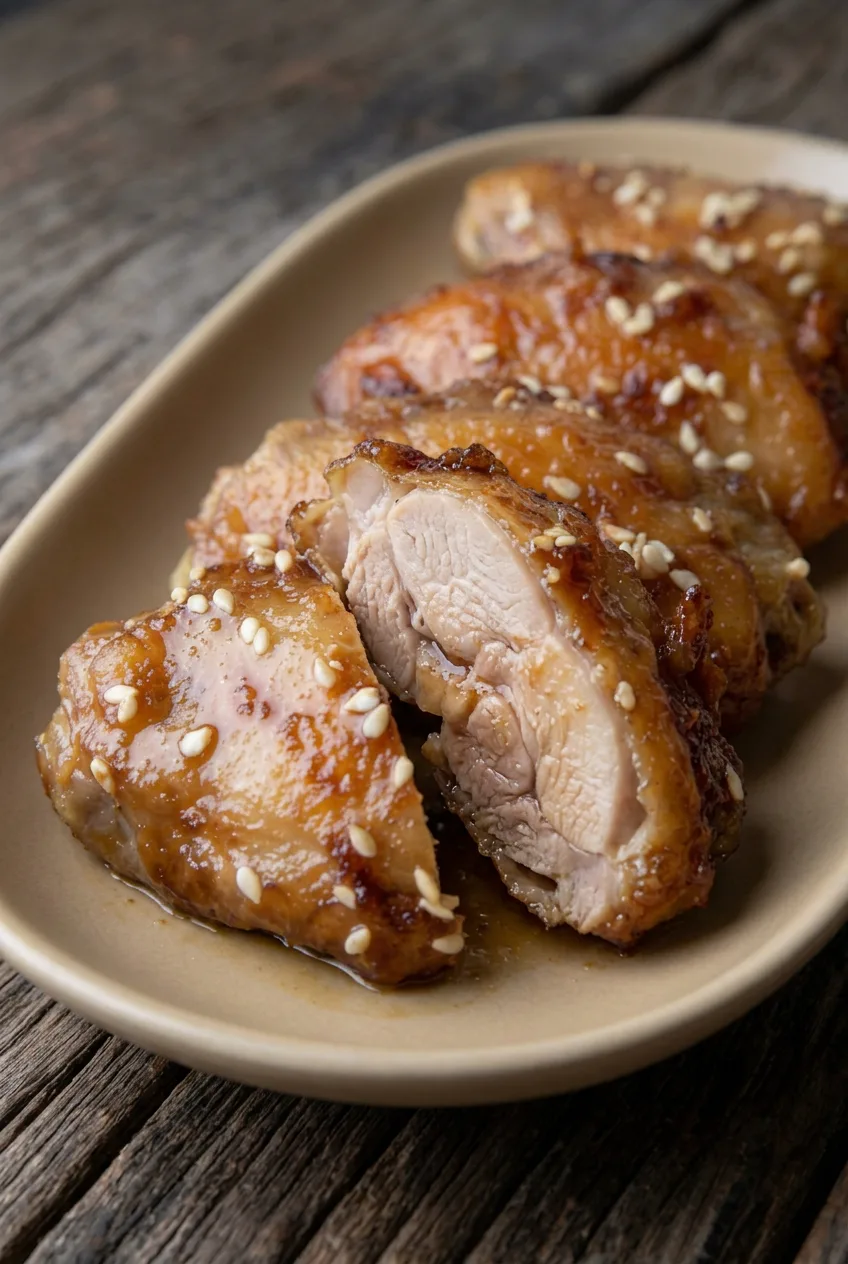 Close view of a cut sesame chicken thigh showing moist meat beneath its glossy glaze