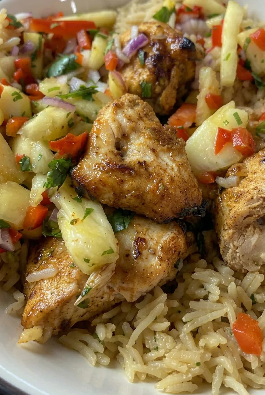 Close view of lightly glazed chicken, distinct rice grains, and fresh pineapple salsa in a garlic lime chicken bowl
