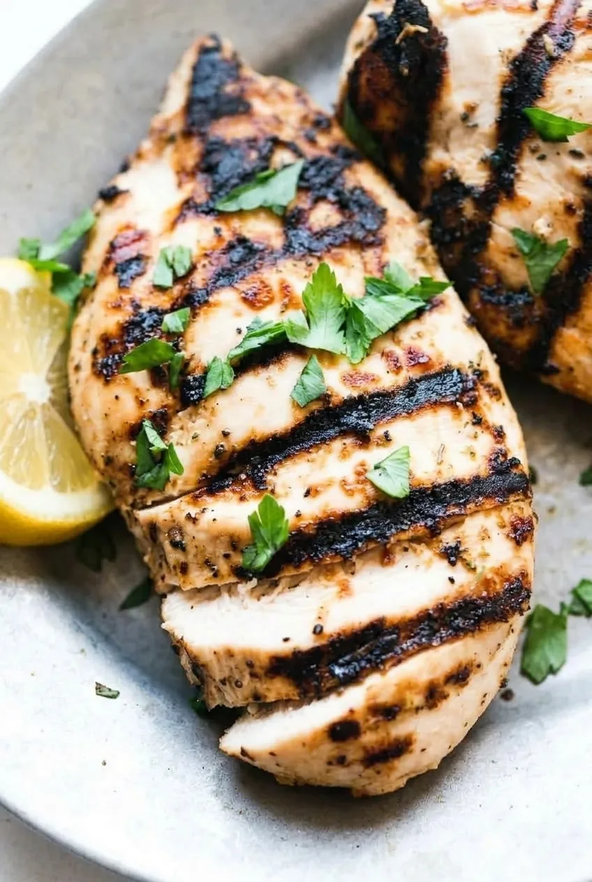 Close view of thick chicken breast slices showing a pale interior and dark grill marks