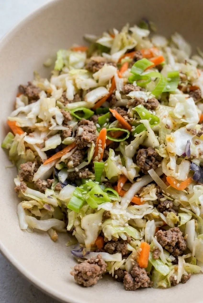 Close detail of browned beef crumbles, crisp-tender cabbage and carrots in egg roll in a bowl