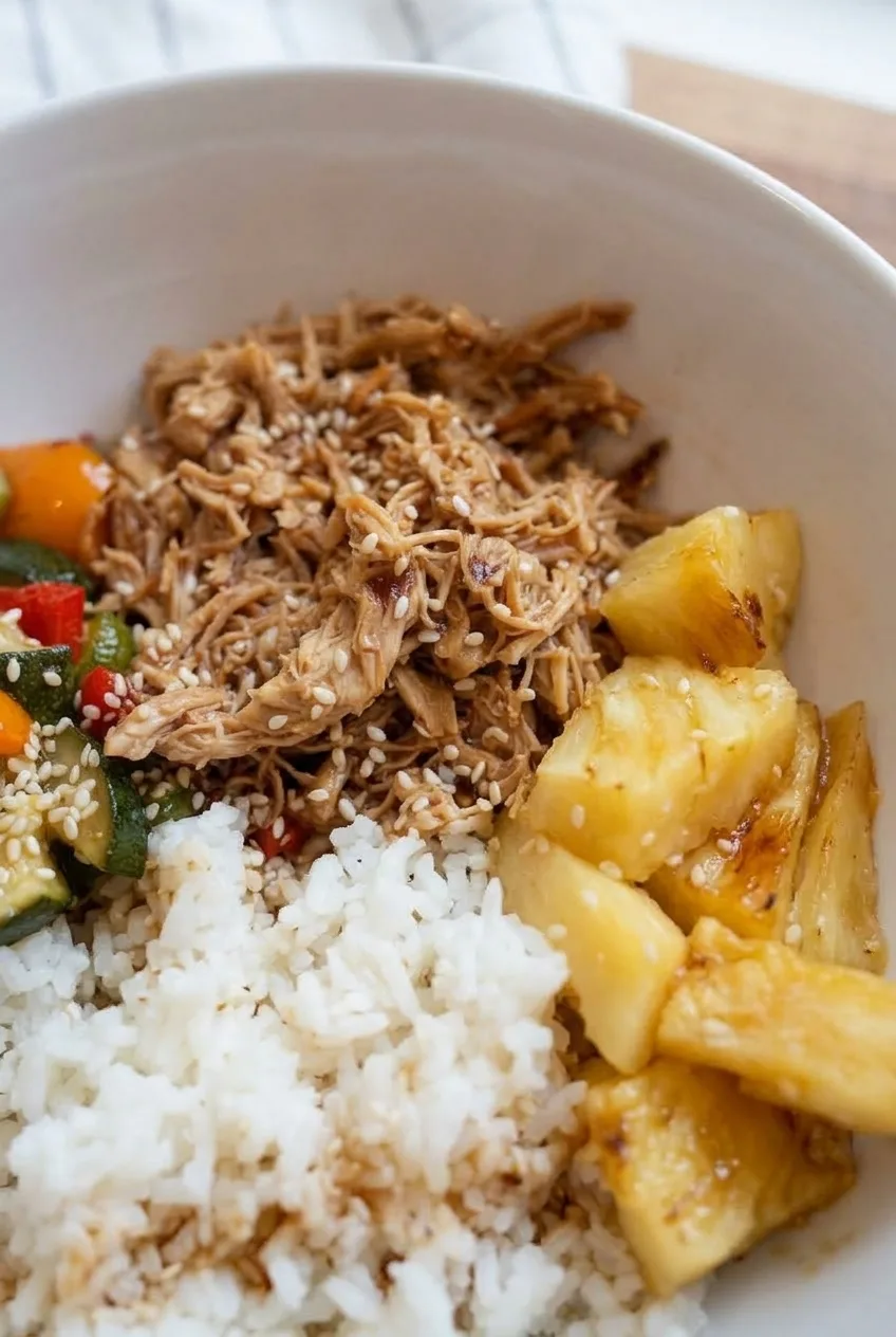 Close view of sauced chicken strands, golden pineapple, separate rice grains, and sesame seeds