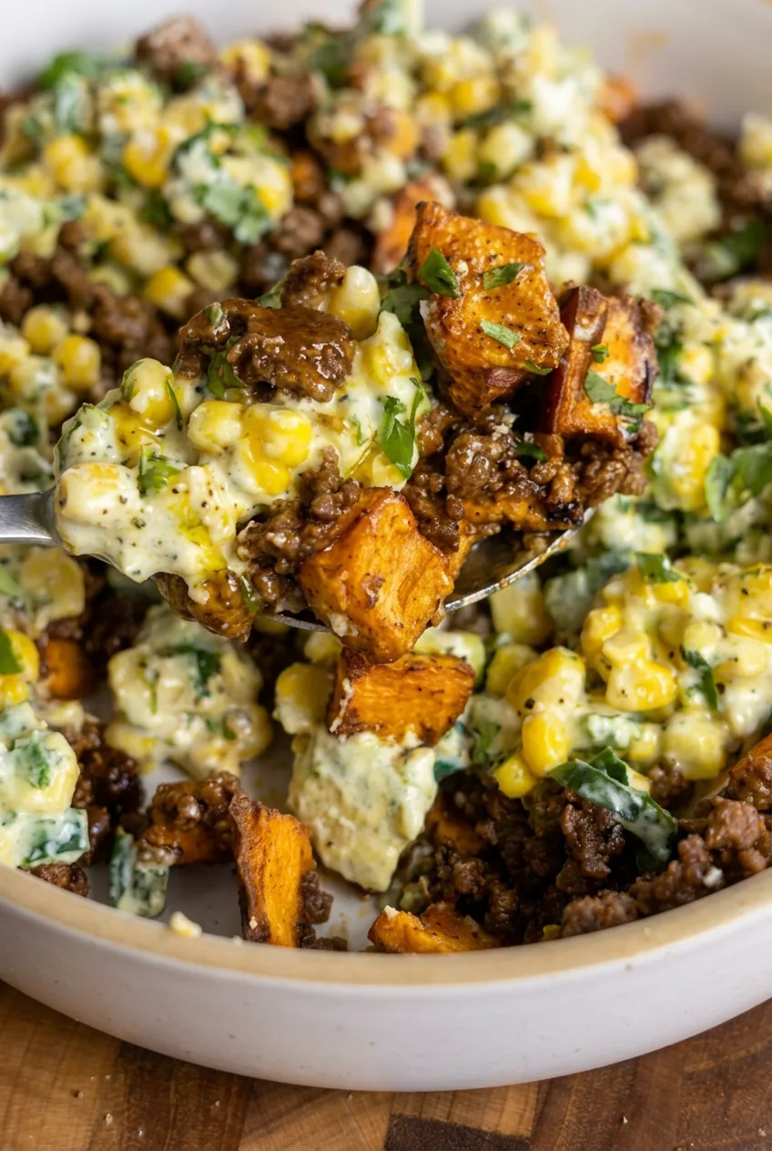 Close view of creamy corn kernels beside browned beef crumbles and roasted sweet-potato cubes