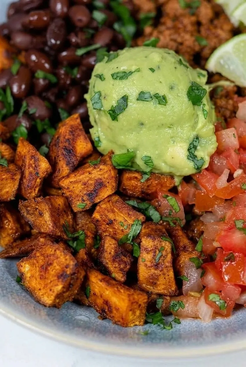 Close view of browned sweet potatoes, beef crumbles, black beans, pico de gallo, and mashed avocado