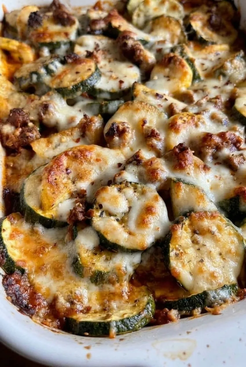 Close view of zucchini rounds, beef crumbles, and bubbly mozzarella in the bake