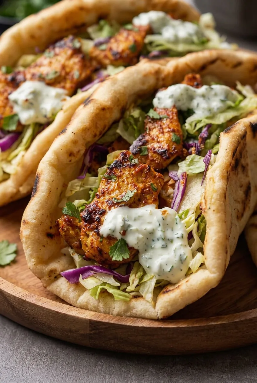 Close view of browned chicken, purple cabbage, lettuce, and thick herb yogurt in a folded pita