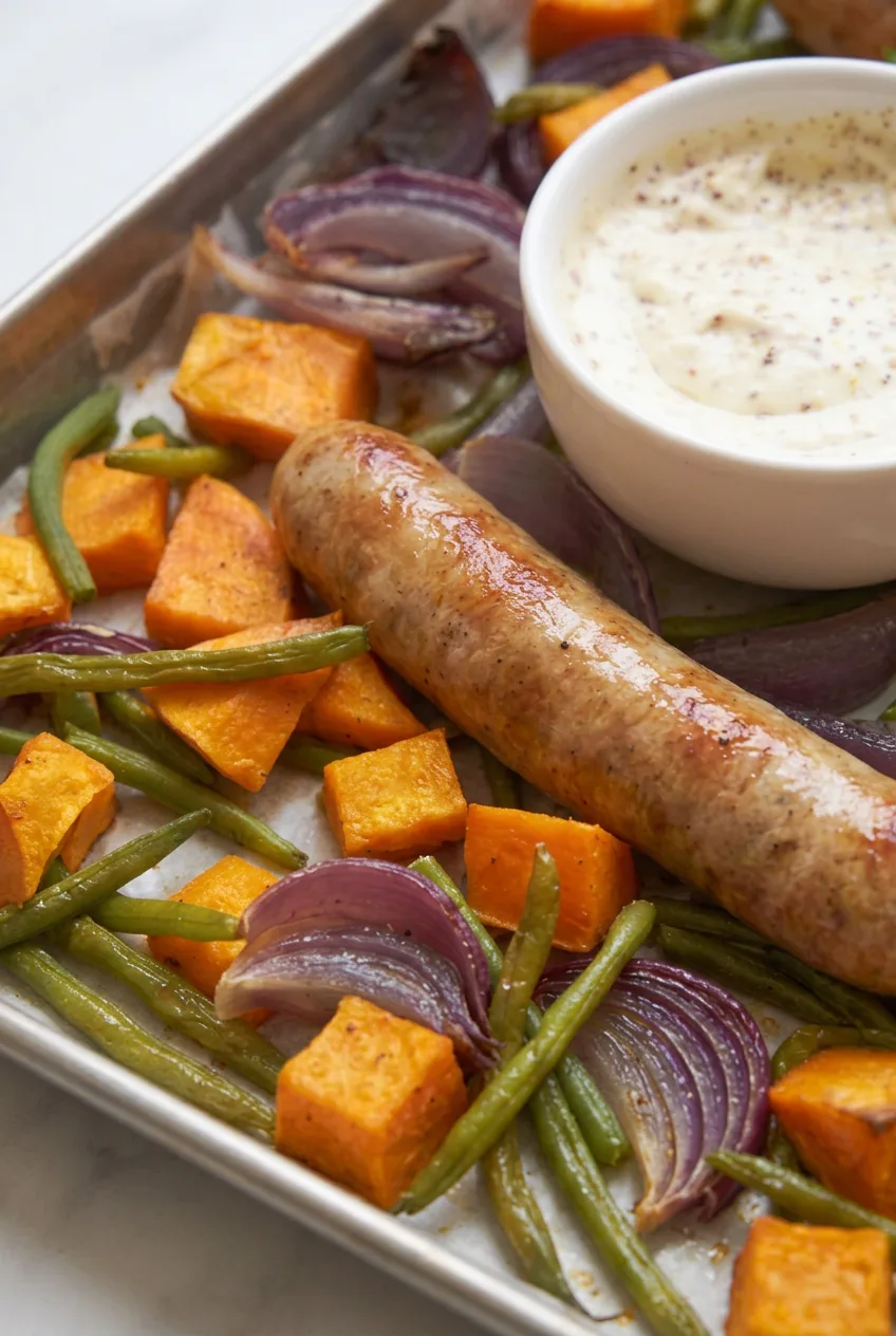 Close view of a browned whole sausage beside roasted vegetables and speckled mustard sauce