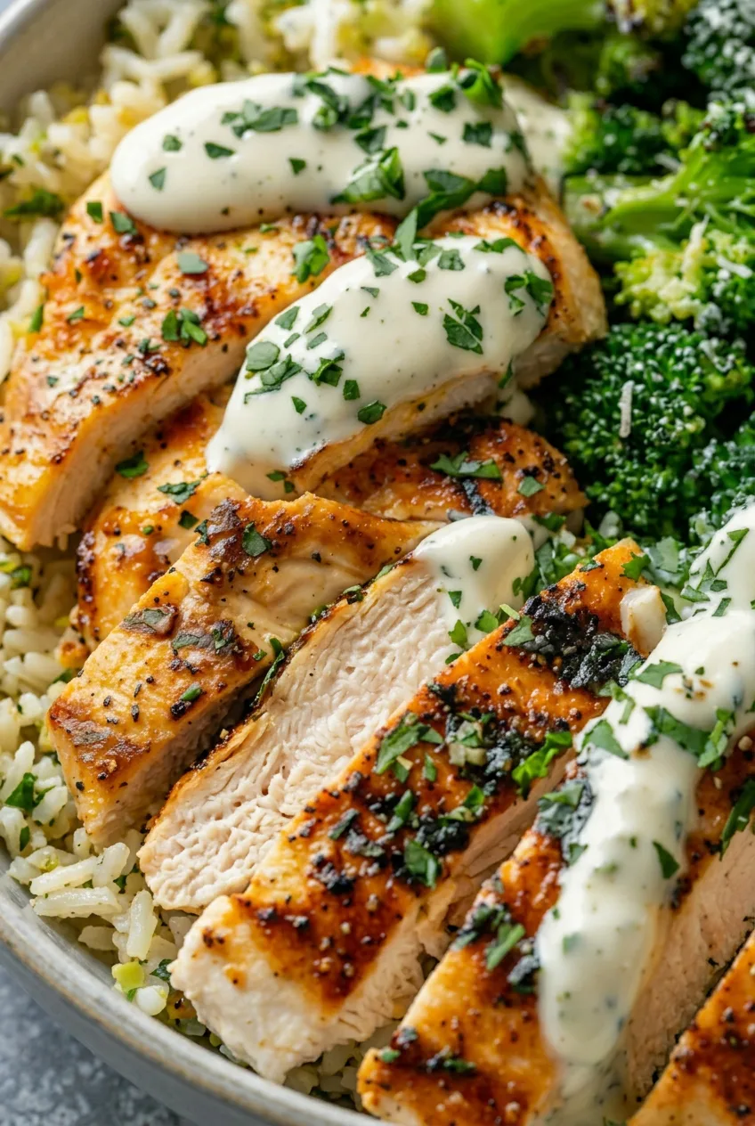 Close view of grill-marked chicken slices with thick garlic sauce beside broccoli and rice