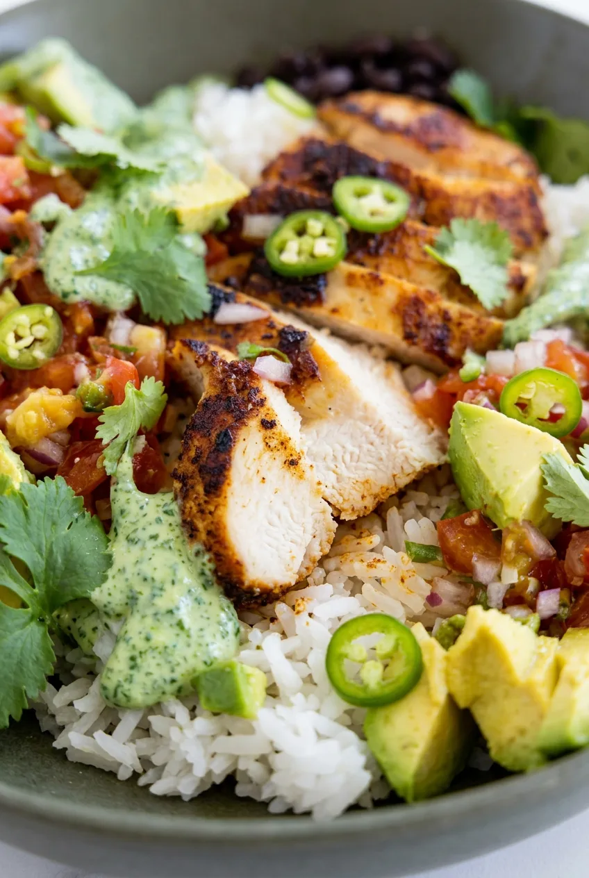Close view of browned chicken slices over distinct rice grains with pico and creamy green sauce