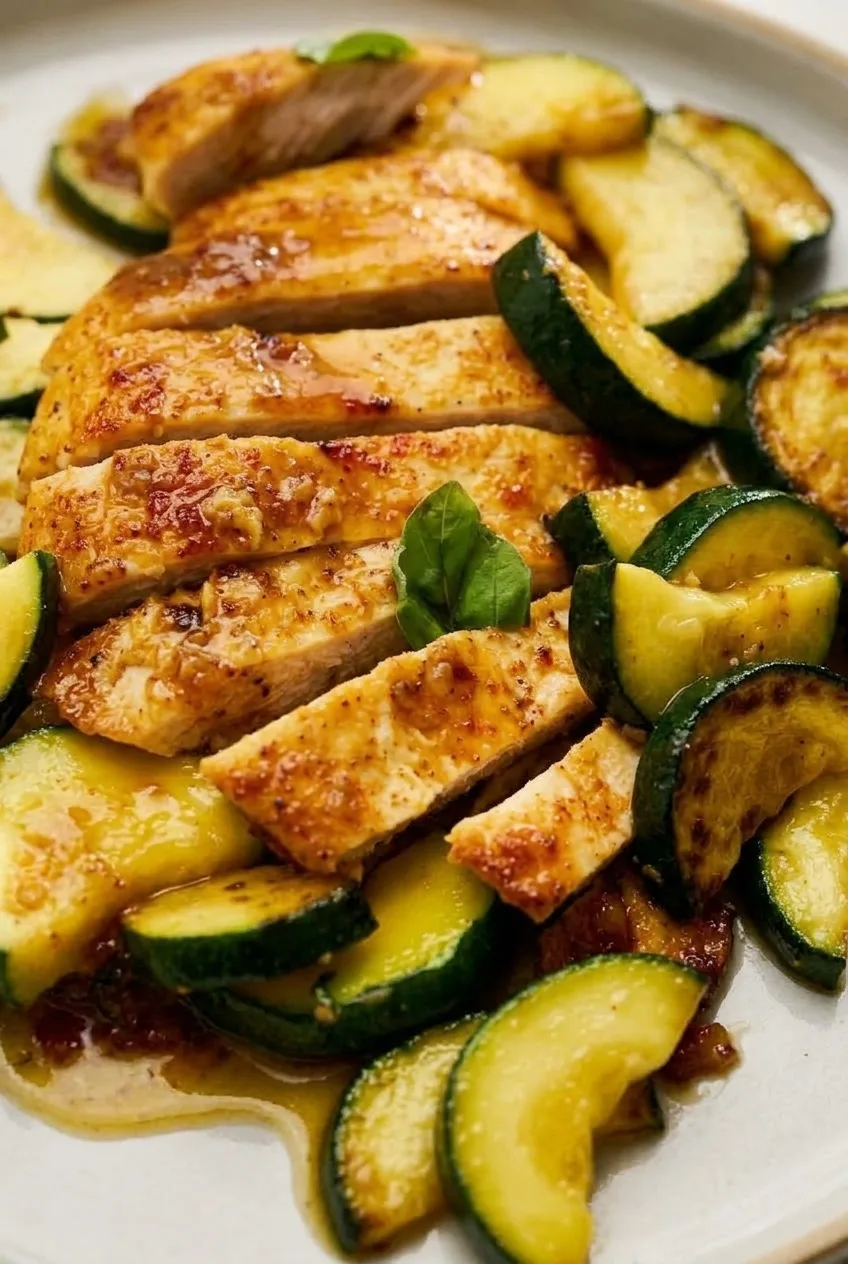 Close view of browned chicken slices, their cooked interiors, and glossy zucchini half-moons