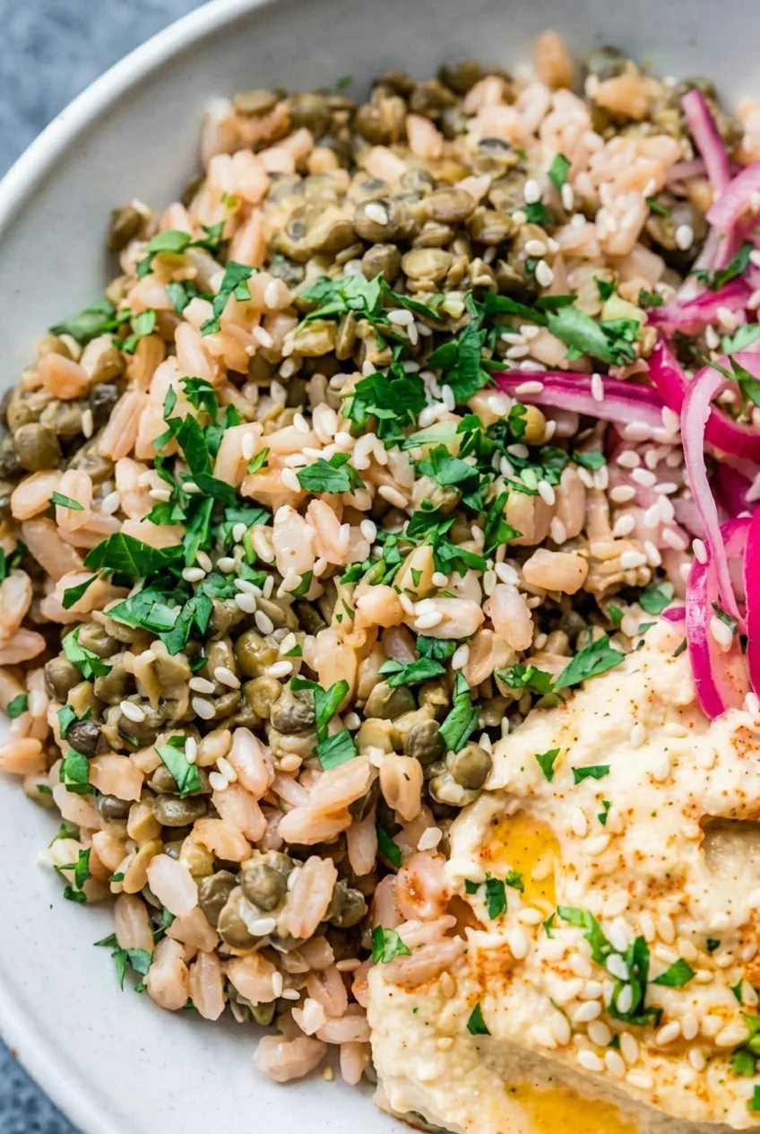 Close view of separate rice grains and whole lentils beside pink onion rings and swirled hummus