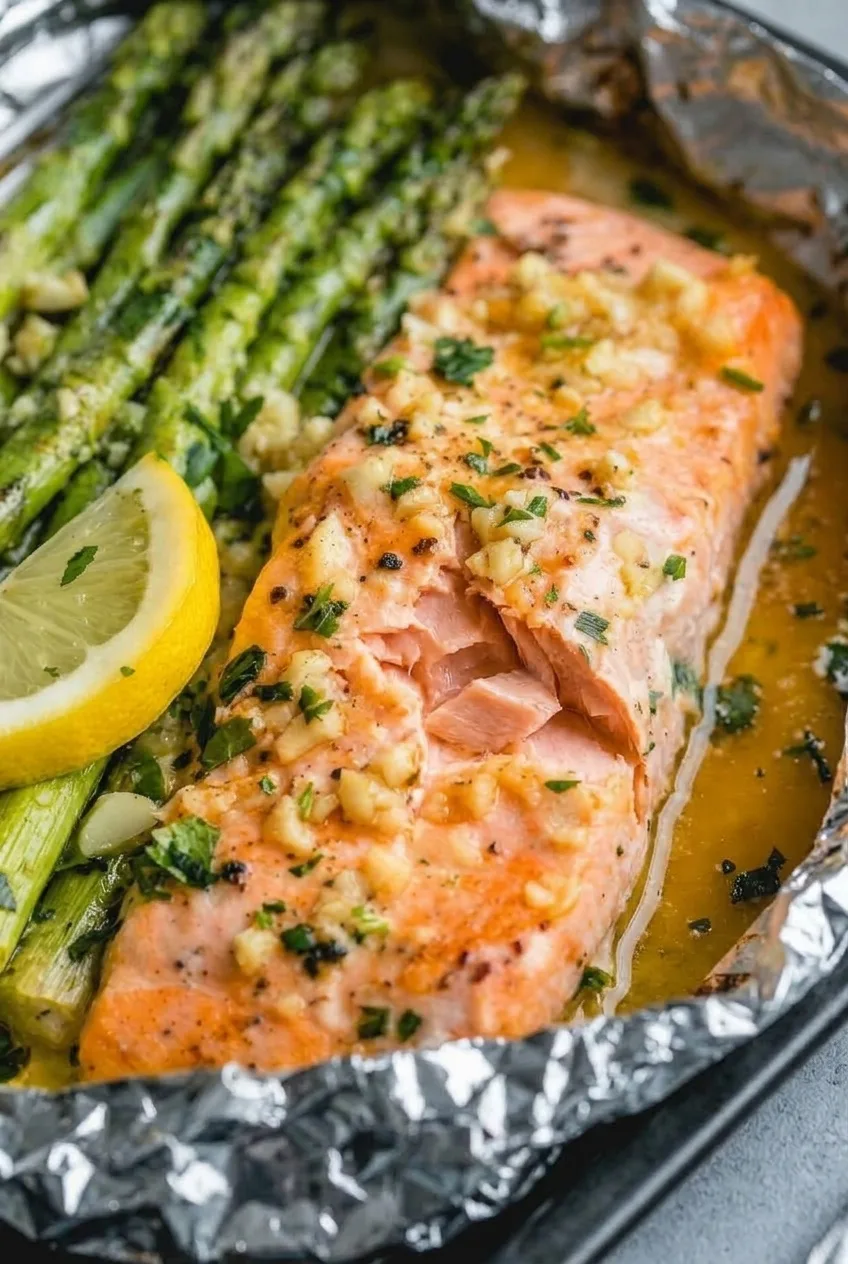 Close view of moist roasted salmon with chopped garlic, parsley, and glossy juices beside asparagus