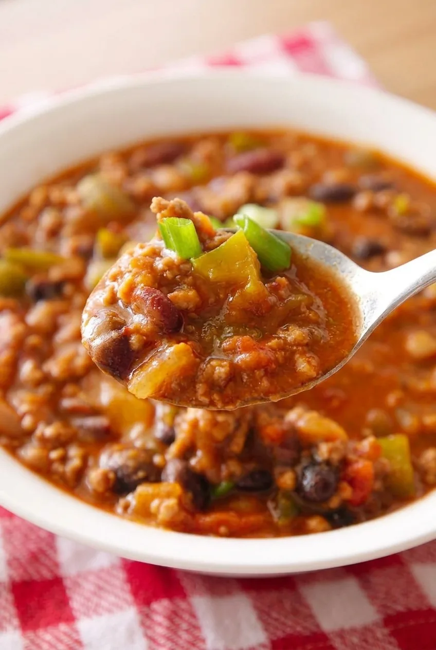 Close view of a spoonful of beef chili showing small crumbles, whole beans, green pepper, and tomato sauce