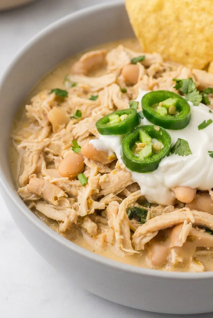 Close view of chicken shreds and whole white beans in creamy chili beneath sour cream and jalapeño