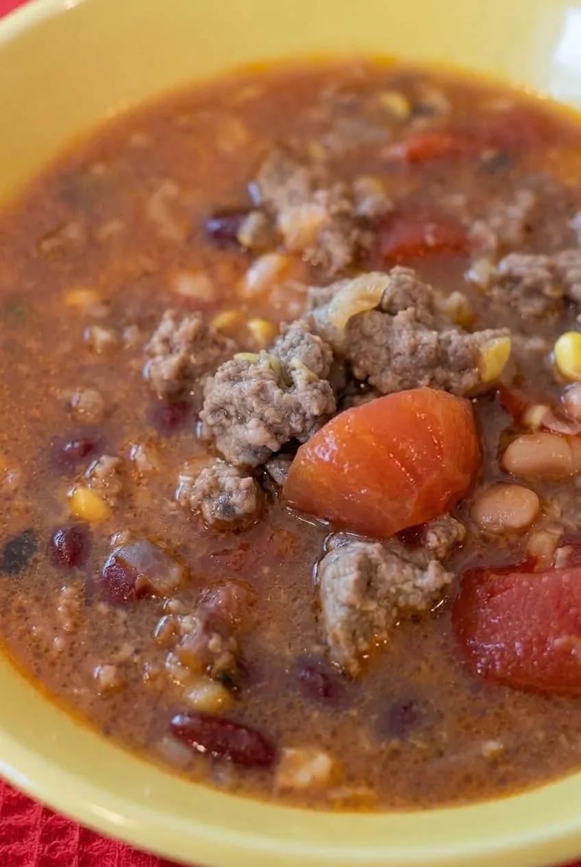 Close view of beef crumbles, intact beans, corn and tomato pieces in saucy beef chili