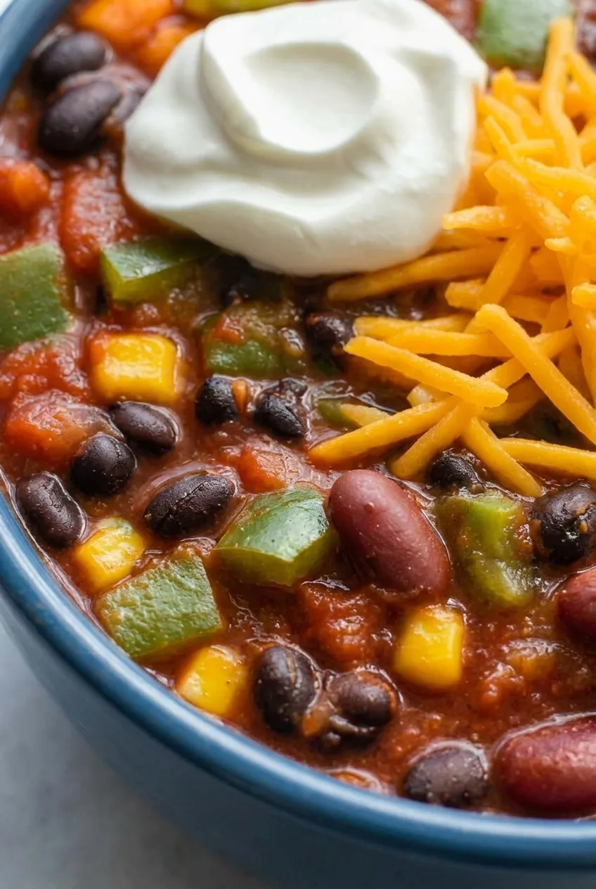 Close view of beans, corn, and peppers in thick vegetarian chili beside cheddar and sour cream