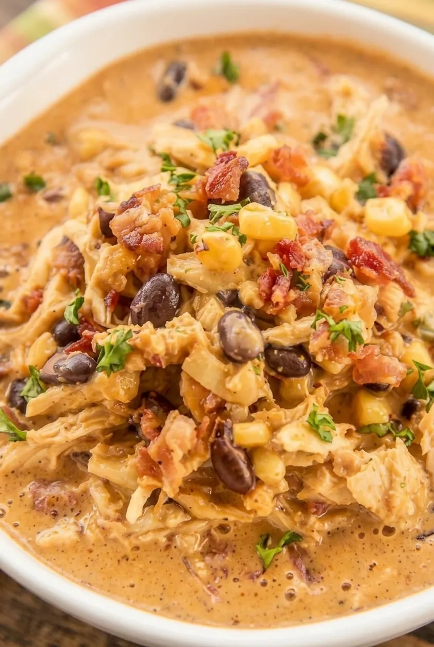 Close view of chicken shreds, black beans and corn in creamy chili beneath crisp bacon