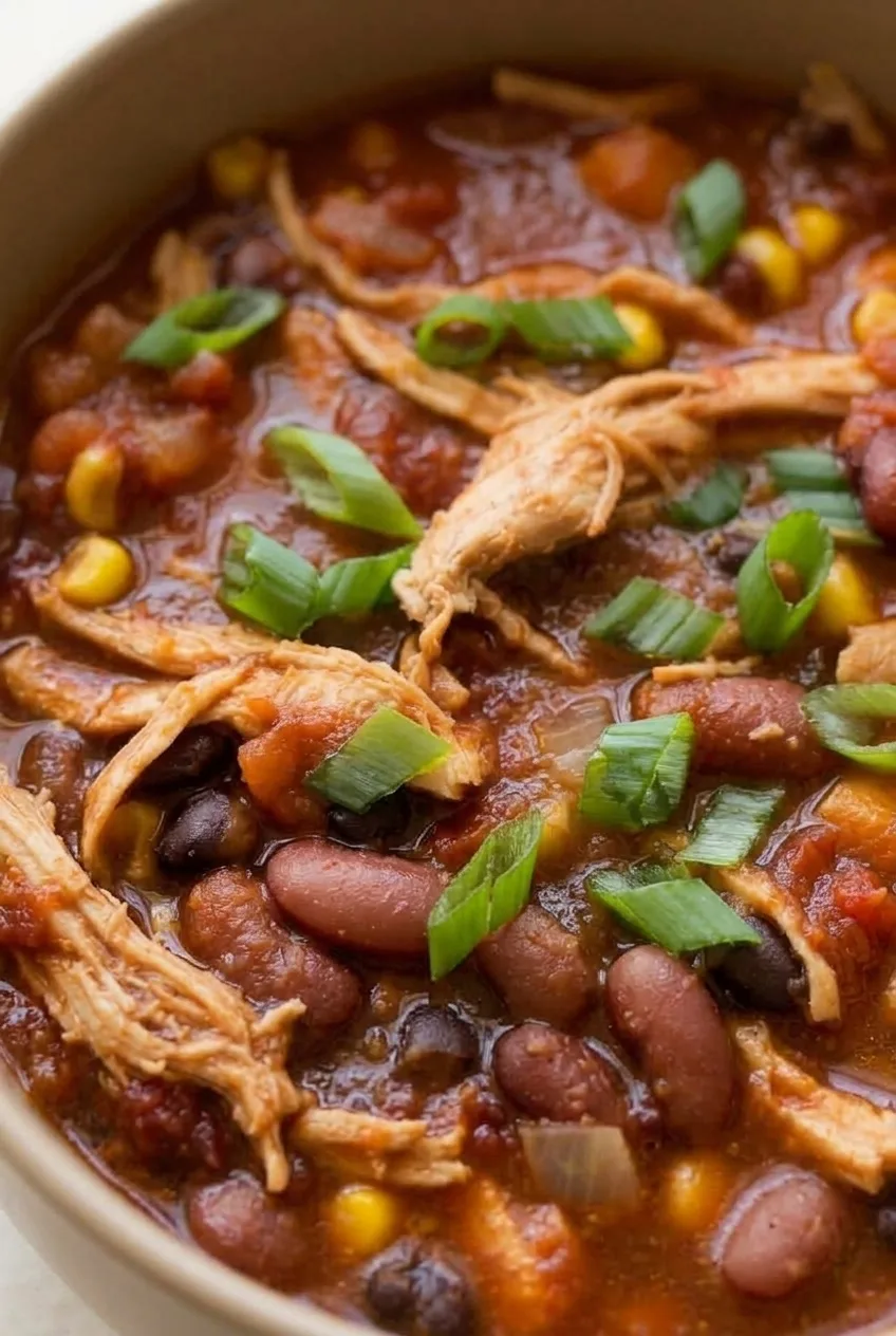 Close view of chicken shreds, whole beans, and corn in glossy red chipotle chili sauce