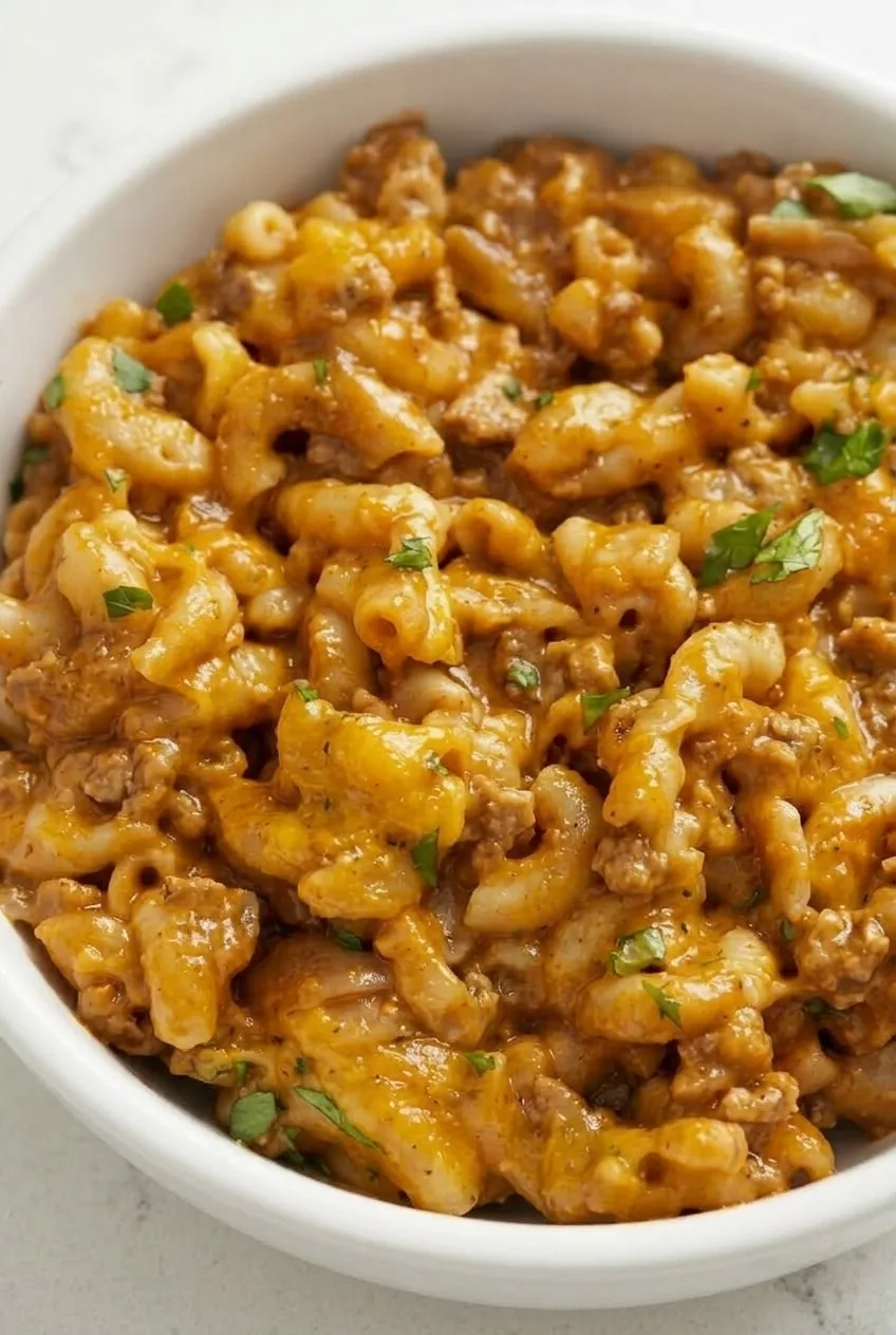 Close view of elbow macaroni and beef crumbles coated in thick orange-red chili mac sauce