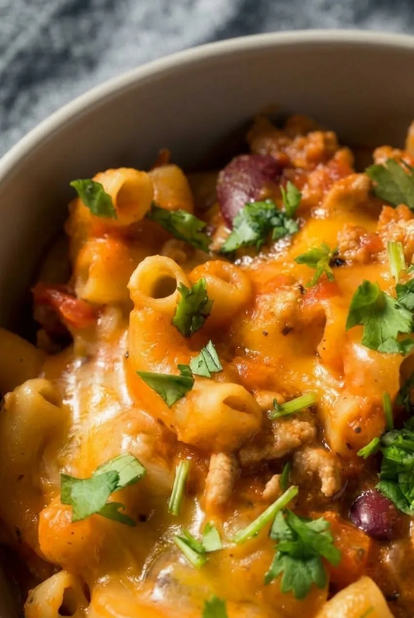 Close view of hollow macaroni, kidney beans and beef coated in thick chili sauce with melted cheddar