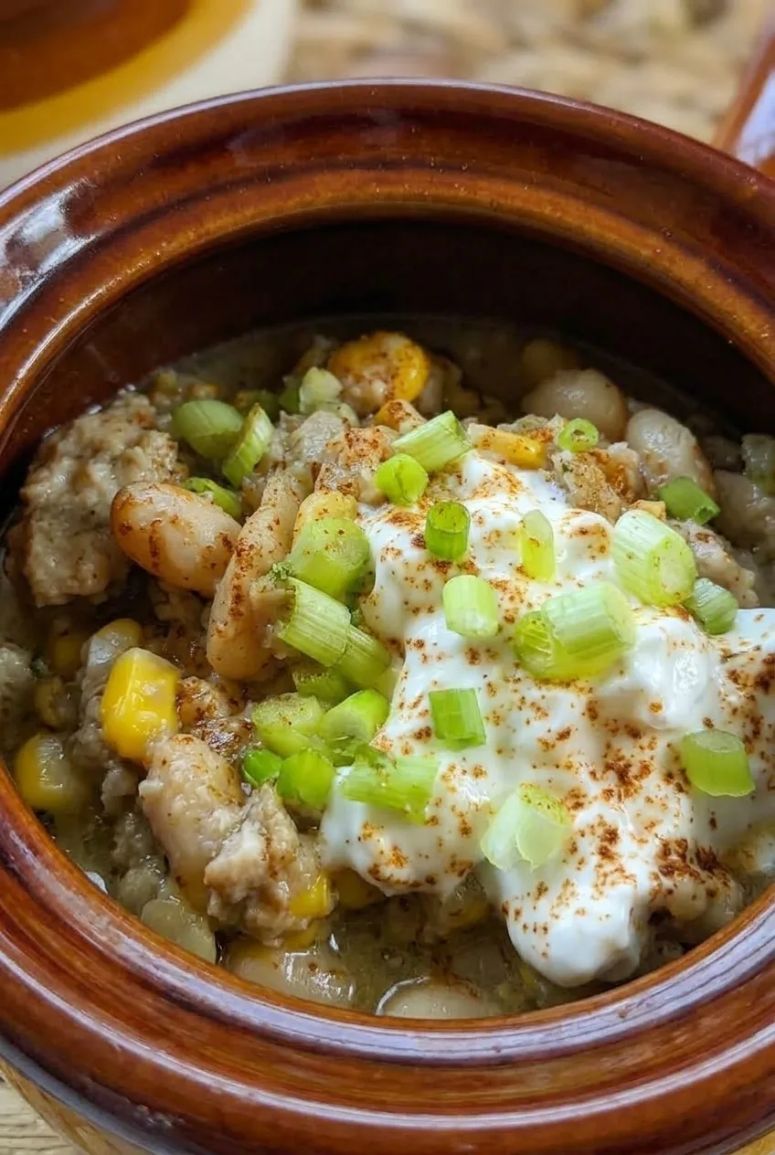 Close view of turkey pieces, whole white beans, corn, and sour cream in white bean turkey chili