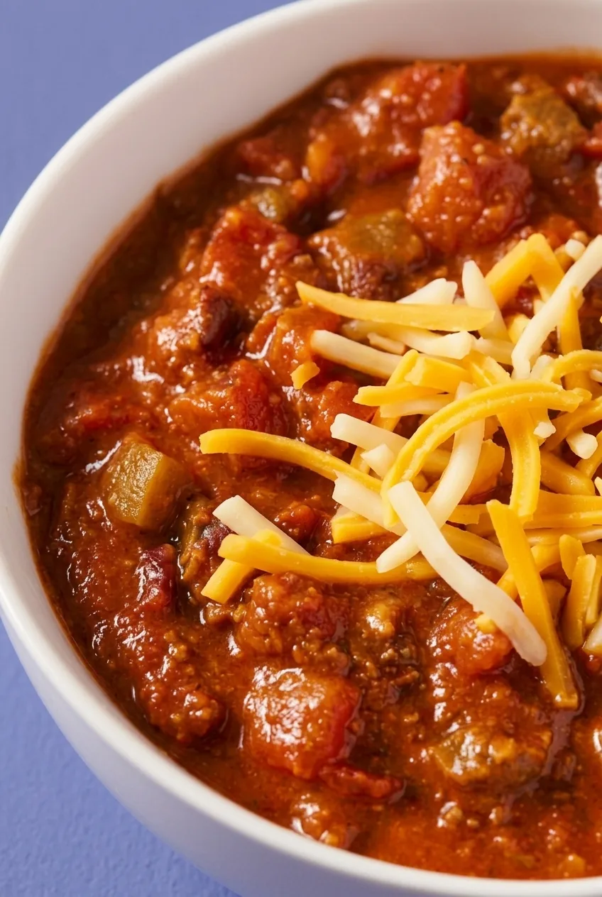 Close view of beef, beans, and tomato in thick red chili beneath strands of shredded cheese
