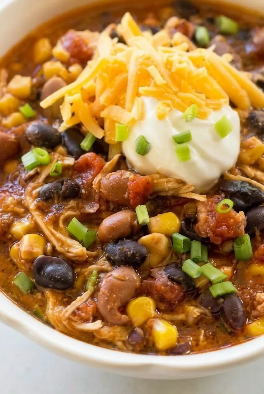 Close view of shredded chicken, beans, and corn in thick taco chili beside the toppings