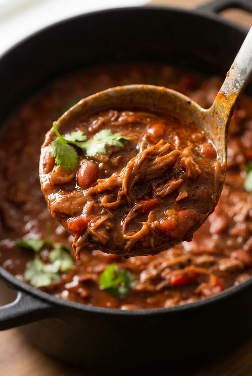 Close view of long beef shreds and intact beans coated in thick brick-red chili sauce.