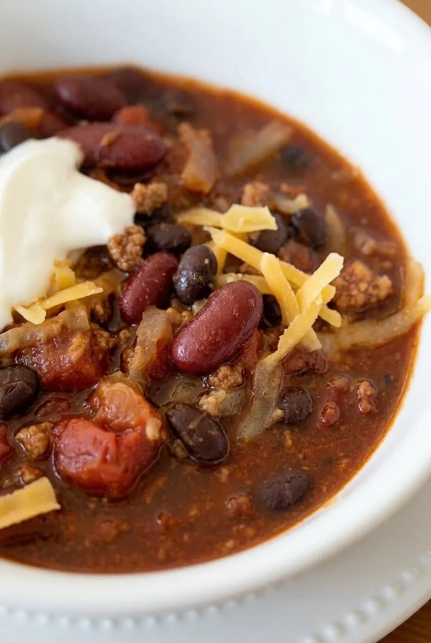 Close view of turkey crumbles, whole beans, and diced tomatoes in the chili's red sauce