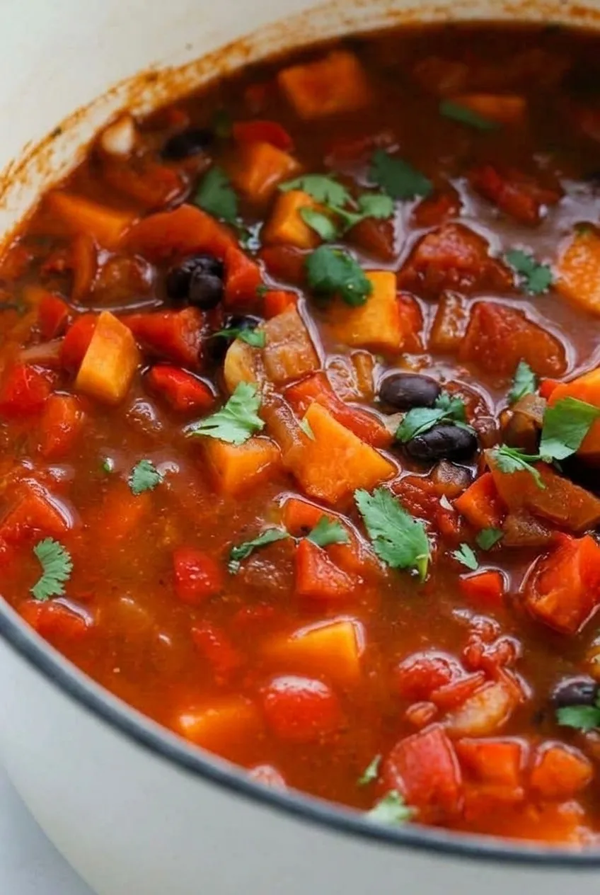 Close view of black beans, intact sweet potato cubes and cilantro in red chili broth