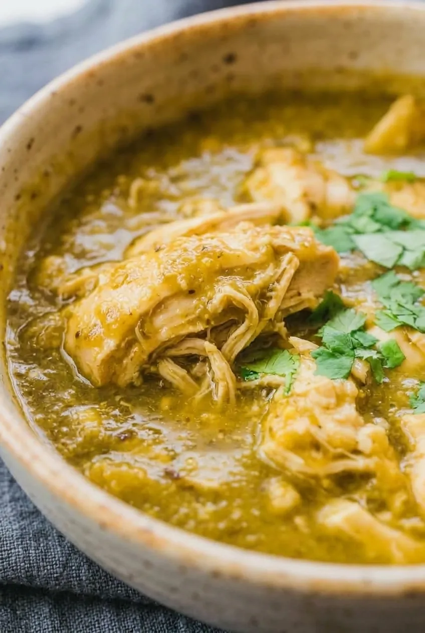 Close view of chicken pieces and loose shreds coated in thick, flecked chili verde sauce