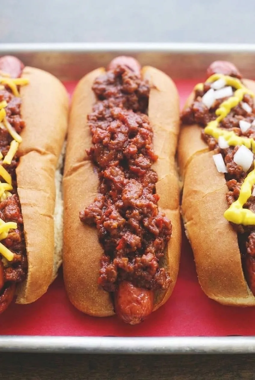 Close view of moist, finely crumbled hot dog chili clinging to a hot dog beside mustard and diced onion