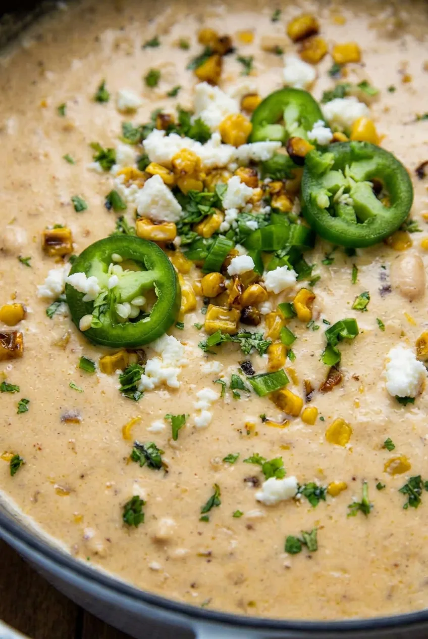 Close view of creamy white chicken chili with shredded chicken, beans, corn, and a charred-corn garnish