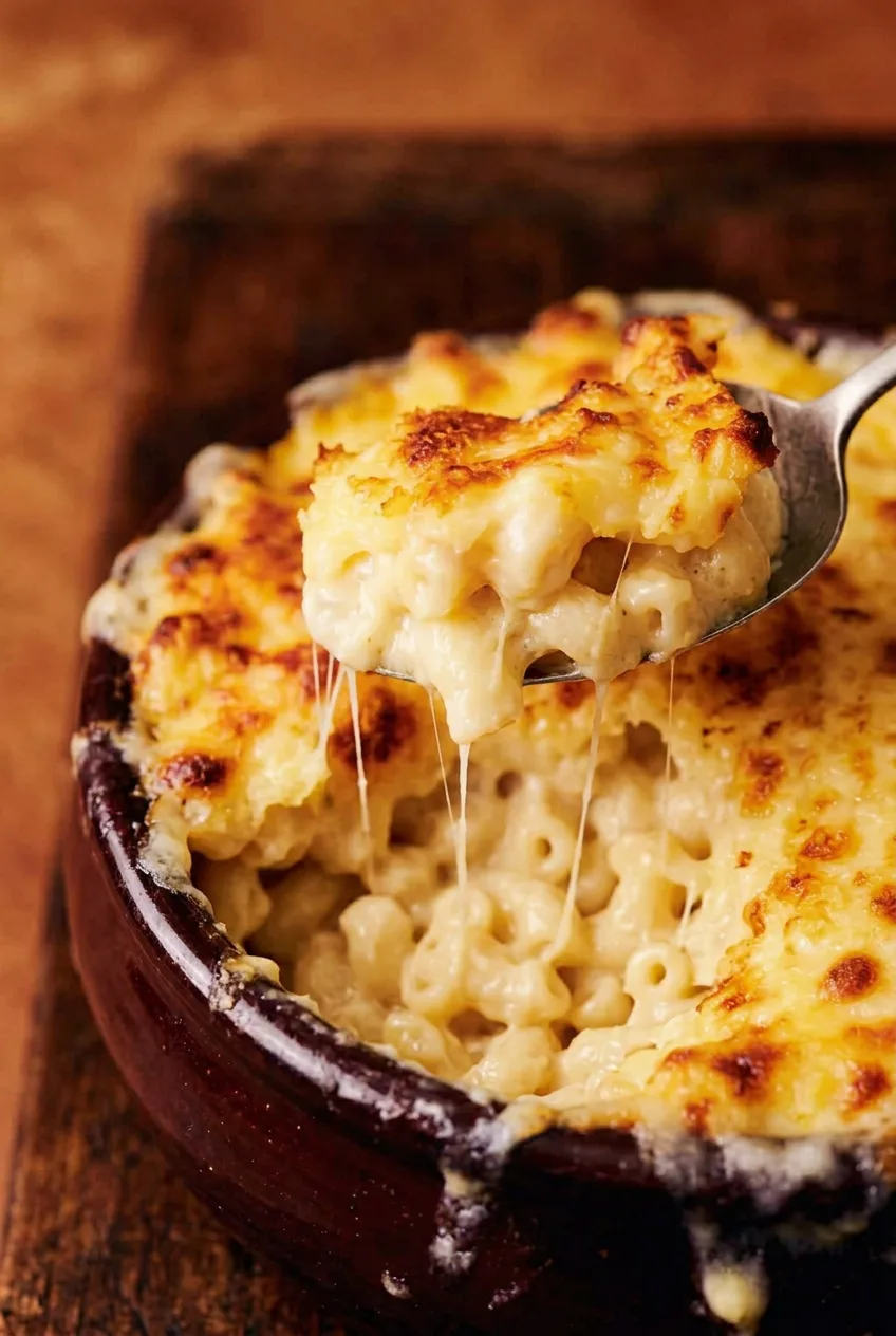 Close view of creamy elbow macaroni and melted cheese strands beneath the browned cheese top
