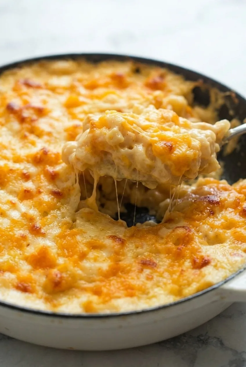 Close view of moist macaroni and melted cheese beneath the browned top of skillet-baked mac and cheese