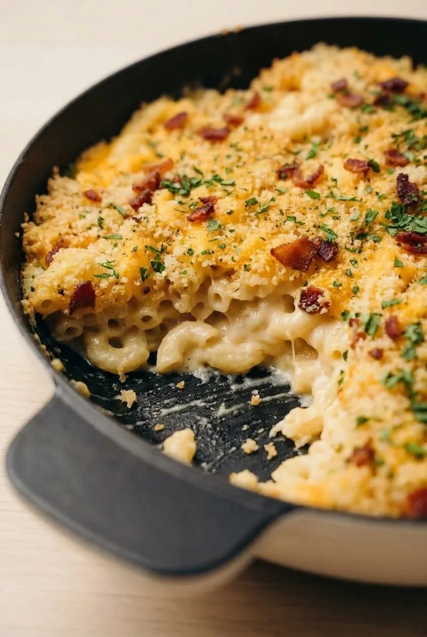 Close view of creamy macaroni beneath the crisp topping of baked bacon mac and cheese