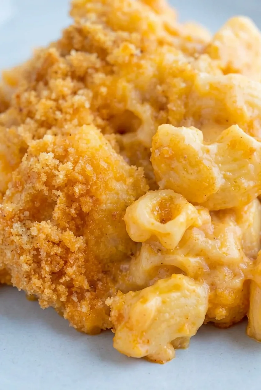 Close detail of crisp breadcrumbs beside moist, sauce-coated elbow macaroni