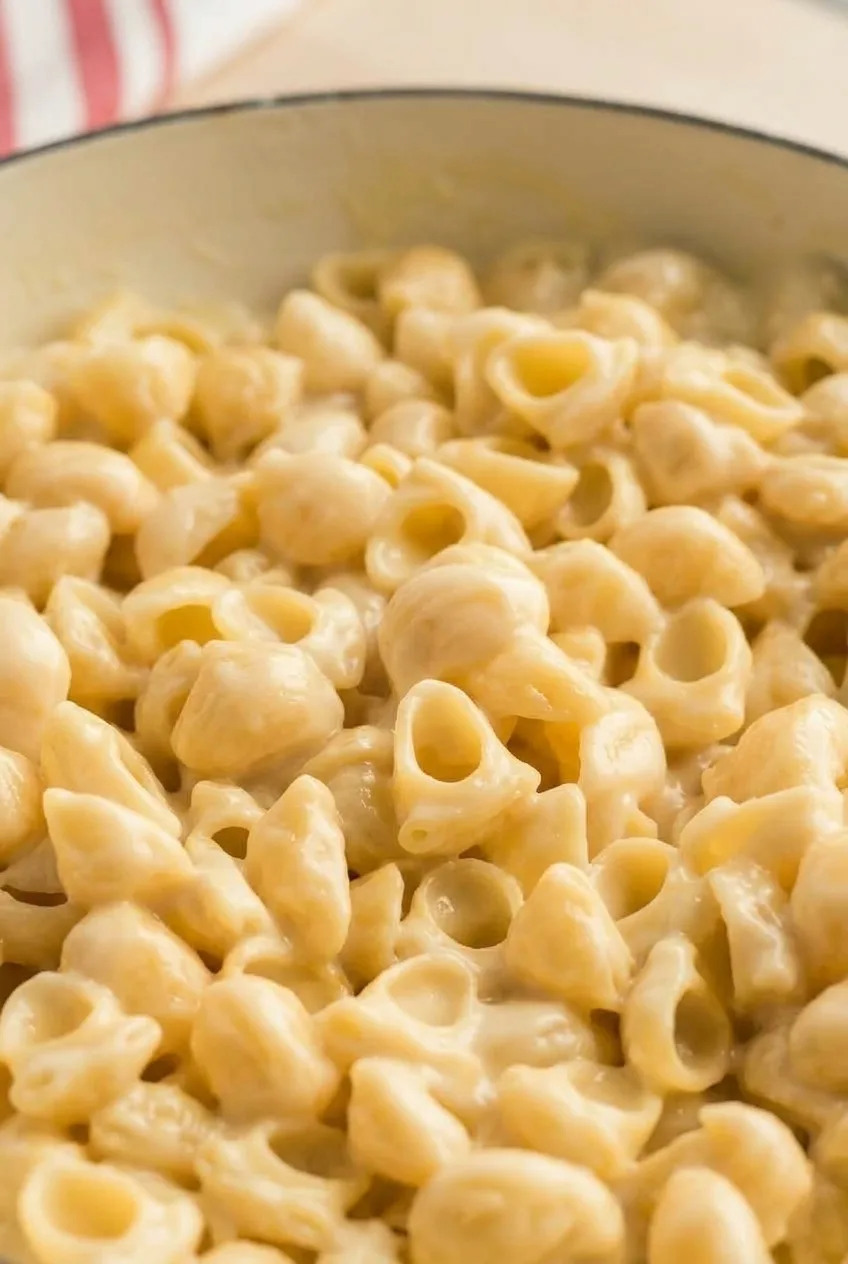 Close view of hollow pipette pasta coated in smooth white cheddar sauce