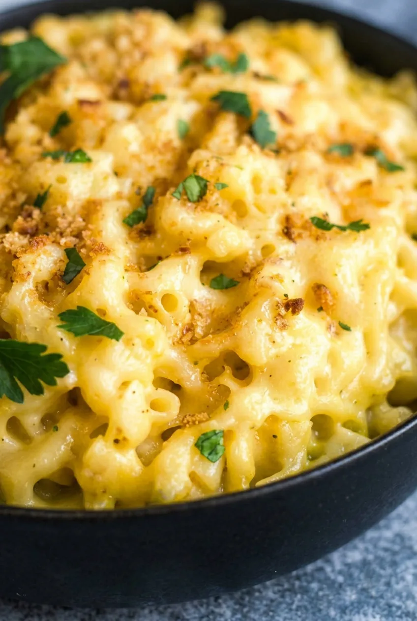 Close view of creamy cheese-coated elbows beneath lightly browned cheddar and scattered parsley