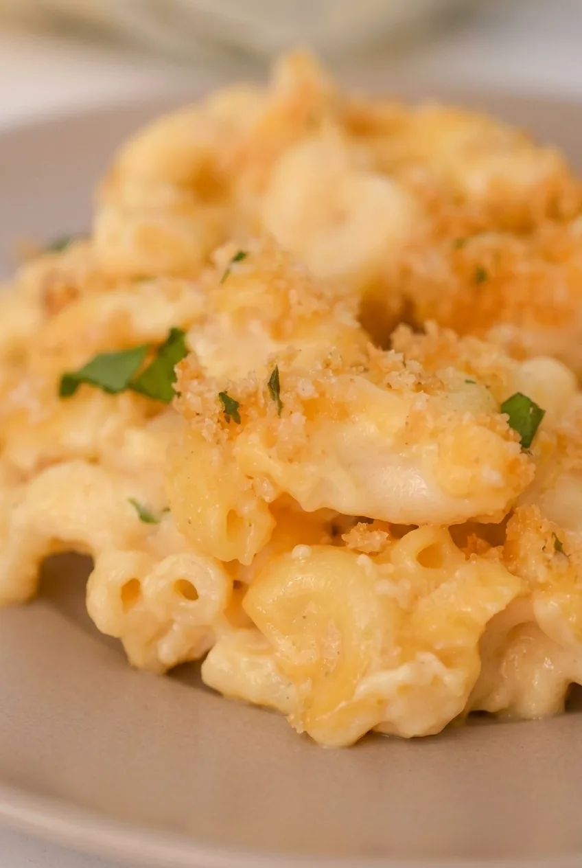 Close view of creamy sauce between elbow macaroni beneath fine golden crumbs and parsley