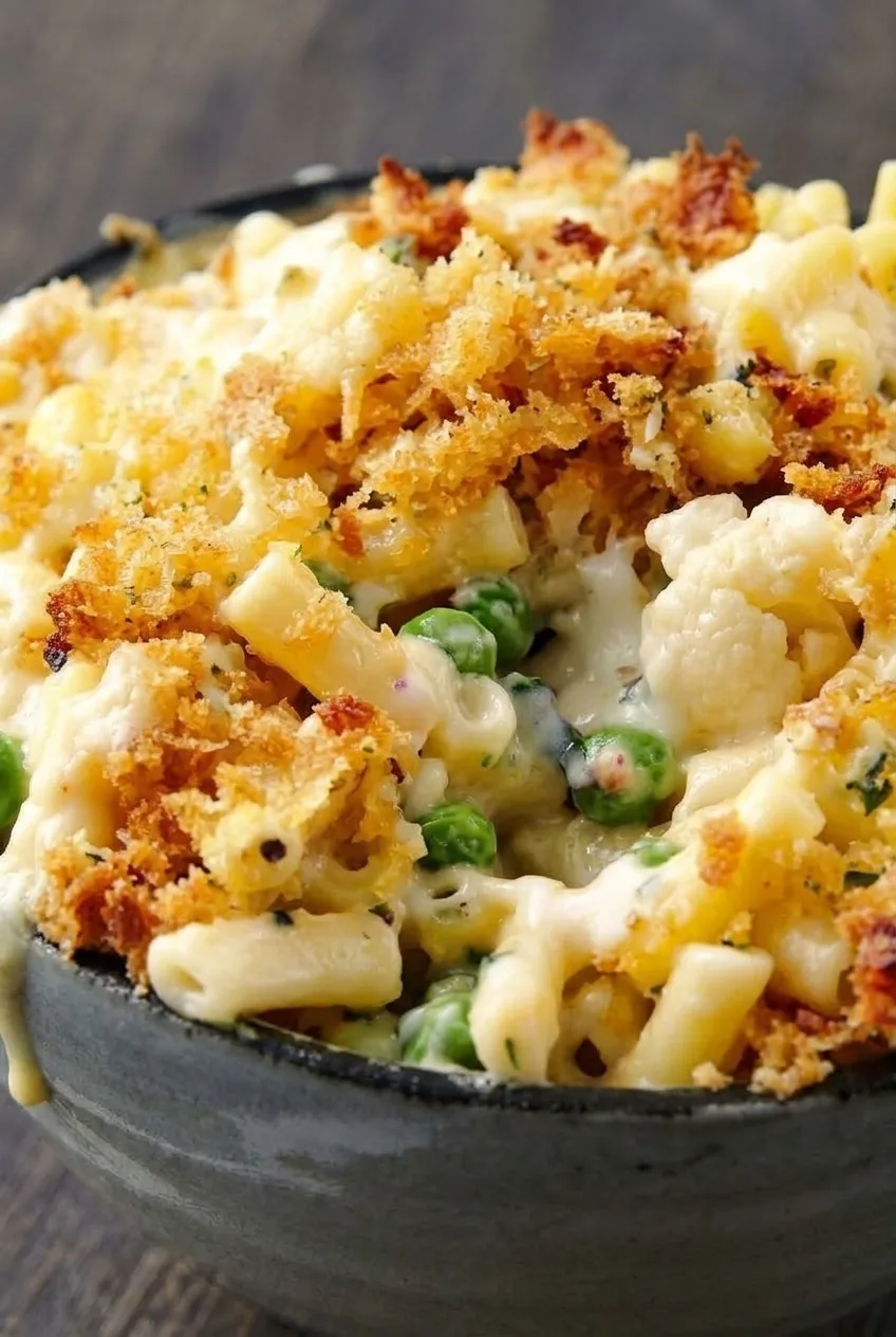 Close view of sauce-coated macaroni, cauliflower, peas and crisp crumbs in a dark bowl