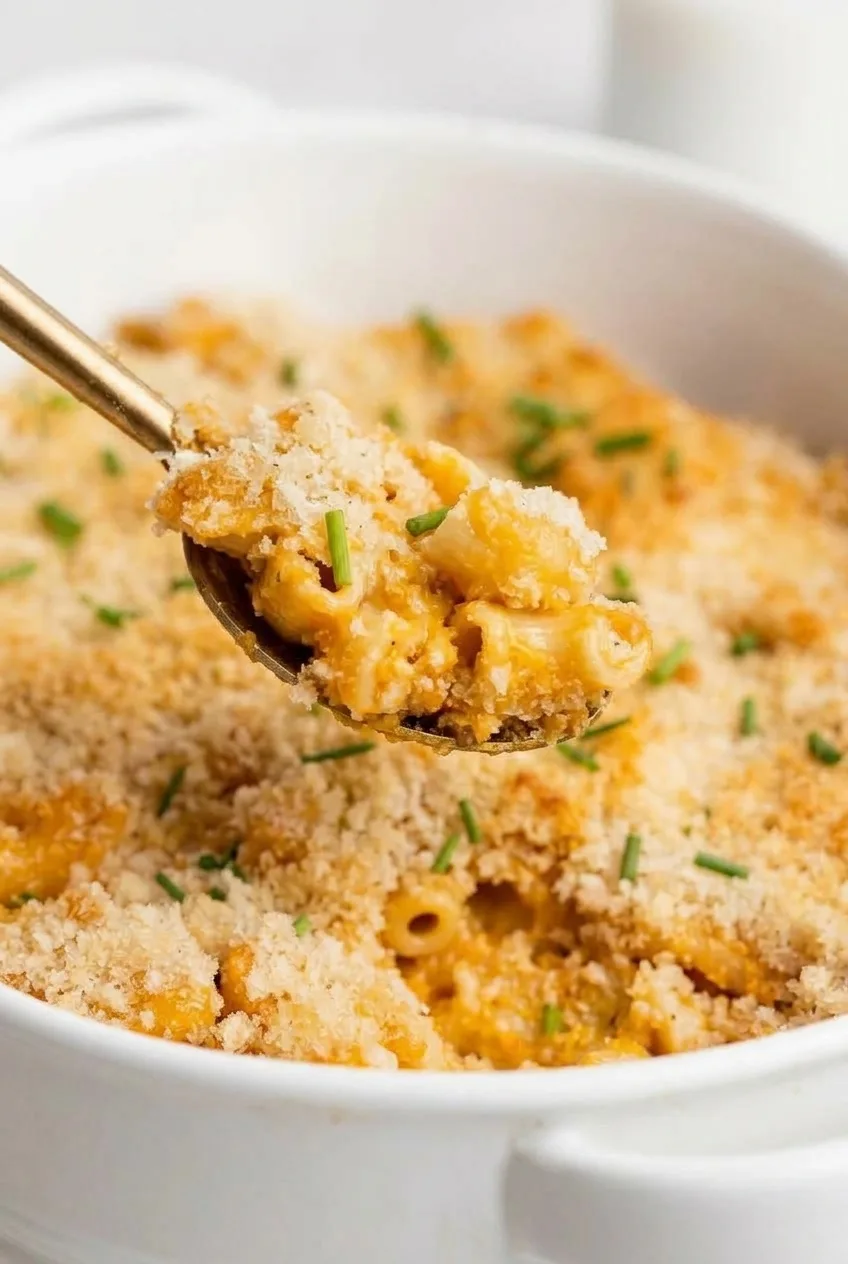Close view of cheddar-coated macaroni beneath loose golden crumbs and chopped chives