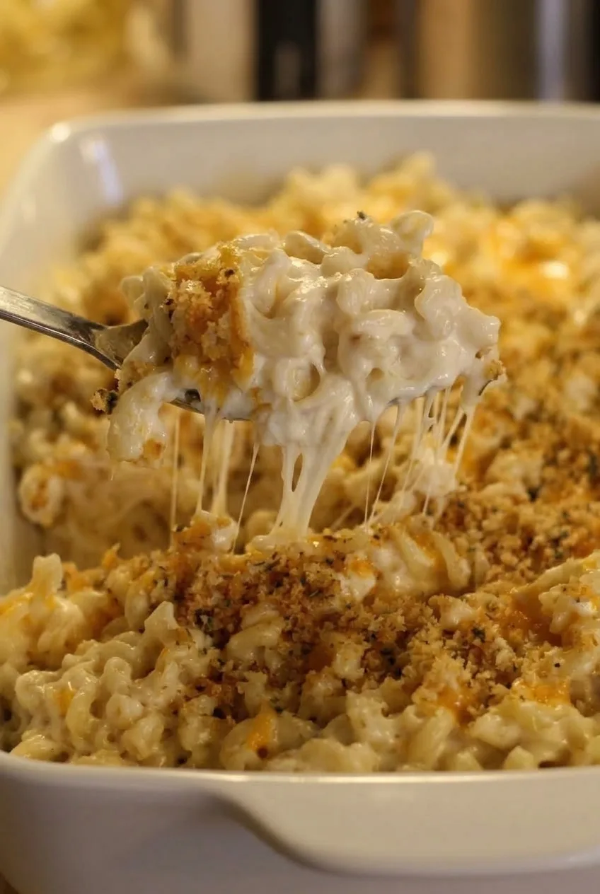 Close view of creamy elbow macaroni, toasted panko, and thin melted-cheese strands in the casserole