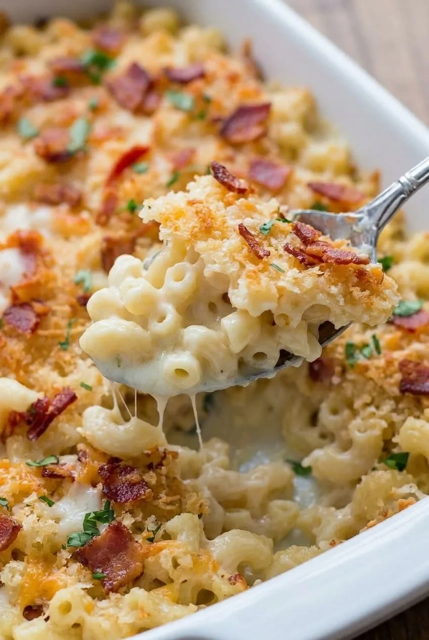 Close view of saucy elbow macaroni on a spoon below the crisp bacon and golden crumb topping